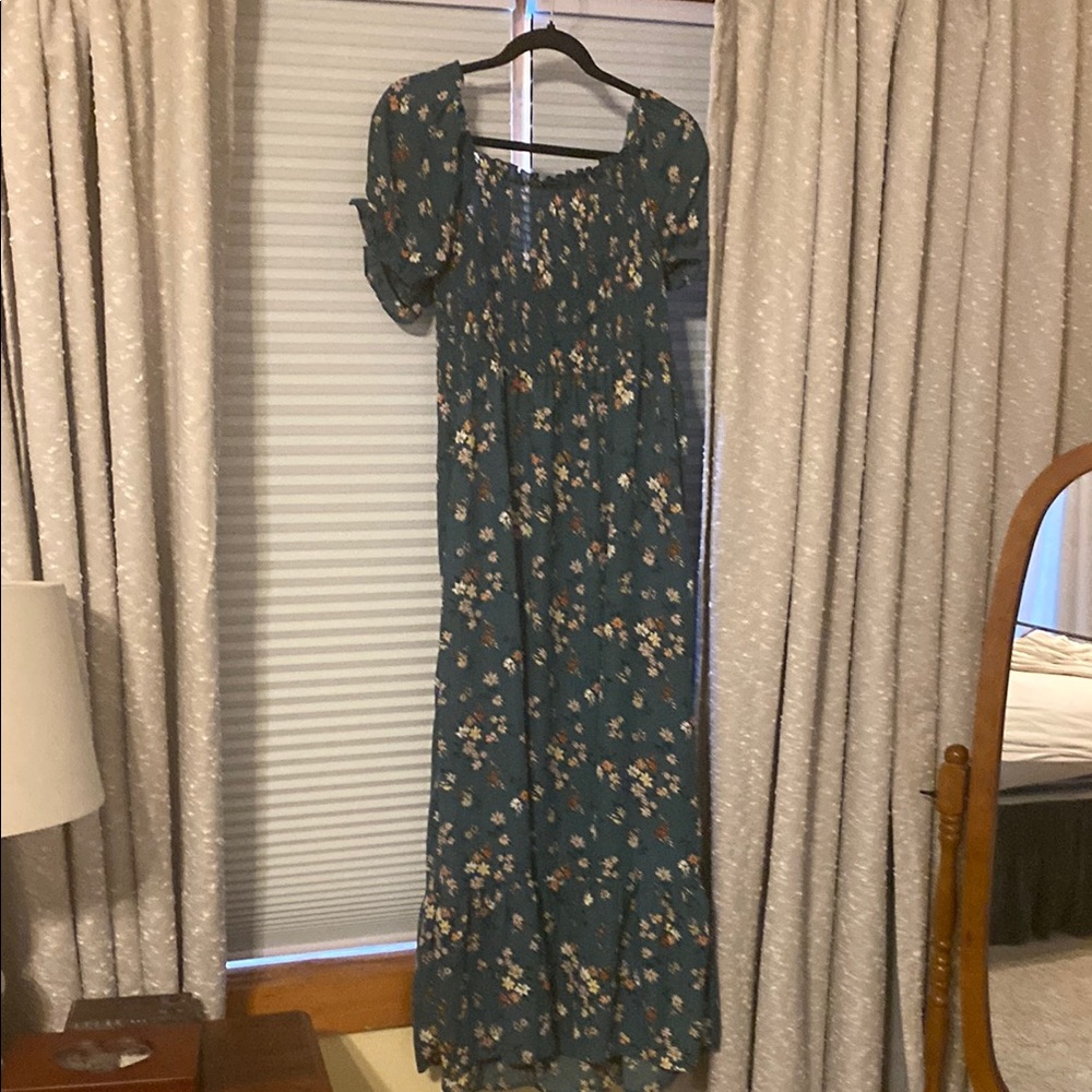 Green Puff Sleeve Scoop Neck Sundress